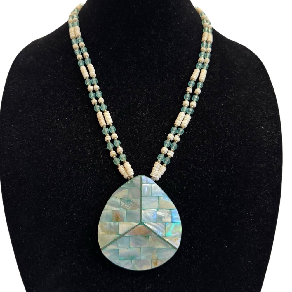 Mother of Pearl and Abalone Shell Necklace w/ Large Teardrop Light Blue Pendant